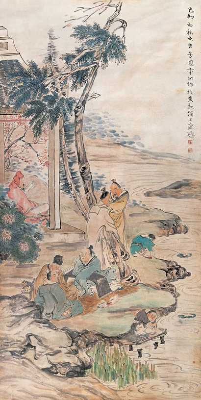 李润 1915年作 槐荫闲趣 立轴